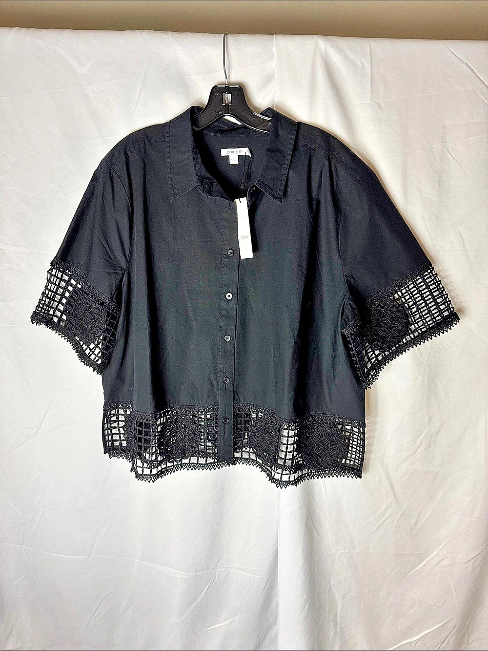Chico's Poplin Crochet Camp Shirt Black Size 4 NWT